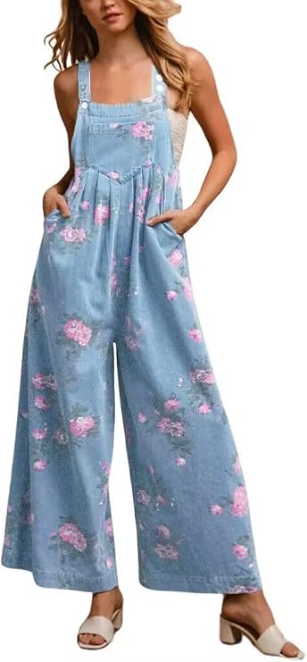 chouyatou Women's Summer Boho Floral Denim Bib Overalls Adjustable Strap Wide Leg Jumpsuits Jeans with Pockets