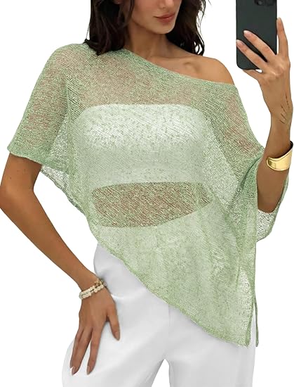 Pink Queen Sheer Beach Cover Ups for Women Crochet See Through Asymmetrical Knit Poncho Tops Crochet Spring Sweater