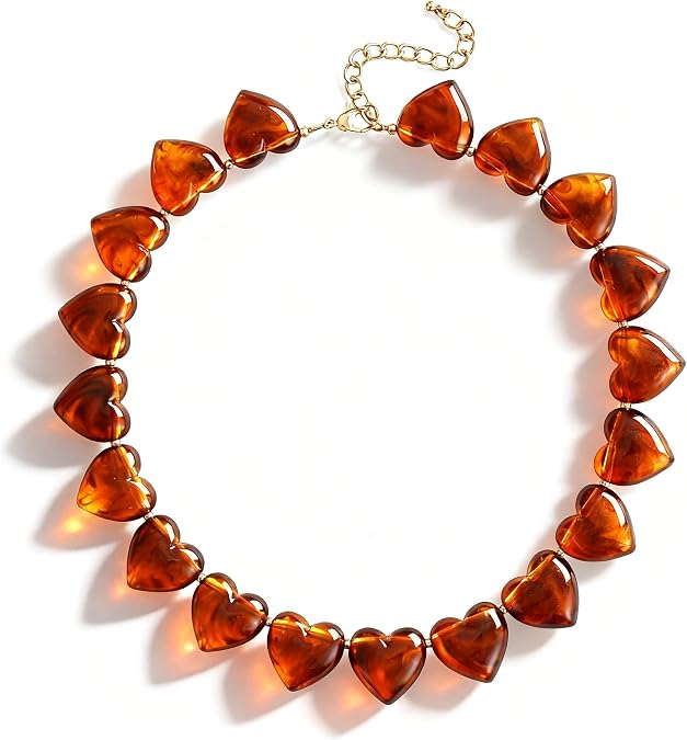 Chunky Heart Choker Necklace Acrylic Puffy Heart Statement Necklace Exaggerated Love Beaded Choker Jewelry Gift - Amber