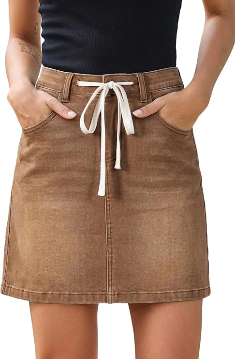 Sidefeel Women's Jean Skirt High Waist Drawstring Stretchy Casual Summer Loose Fit Trendy Mini Denim Skirt with Pockets