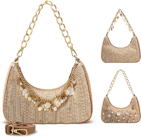 Beach Purse Straw Shoulder Bag for Women Summer Beaded Bag for Vacation Travel with Shell Pearl Bag Charms