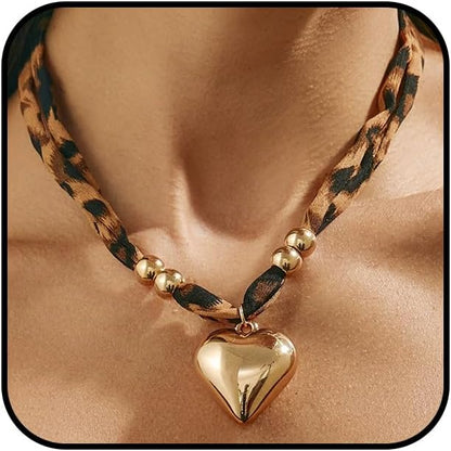 Unique Retro Leopard Print Rope Collar Choker Necklace for Women Statement Heart Round Circle Beads Pendant Layered Necklace Punk Prom Jewelry Gifts