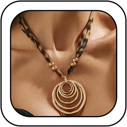Unique Retro Leopard Print Rope Collar Choker Necklace for Women Statement Heart Round Circle Beads Pendant Layered Necklace Punk Prom Jewelry Gifts