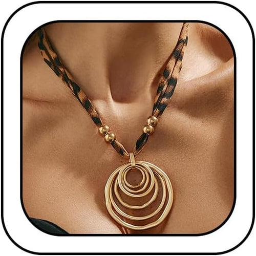 Unique Retro Leopard Print Rope Collar Choker Necklace for Women Statement Heart Round Circle Beads Pendant Layered Necklace Punk Prom Jewelry Gifts