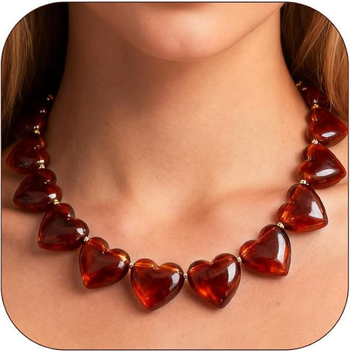 Heart Choker Necklace for Women Amber Statement Puff Heart Necklace Colorful Acrylic Beaded Chokers Cute Valentine’s Jewelry Gifts