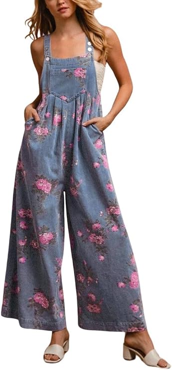 chouyatou Women's Summer Boho Floral Denim Bib Overalls Adjustable Strap Wide Leg Jumpsuits Jeans with Pockets