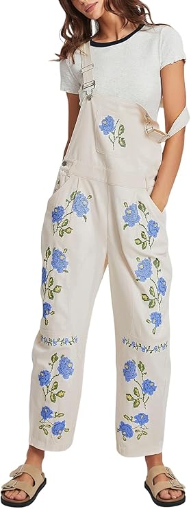 Kedera Floral Denim Overalls for Women Loose Fit Embroidered Jean Denim Bib Jumpsuit Barrel Pants Overall with Pockets