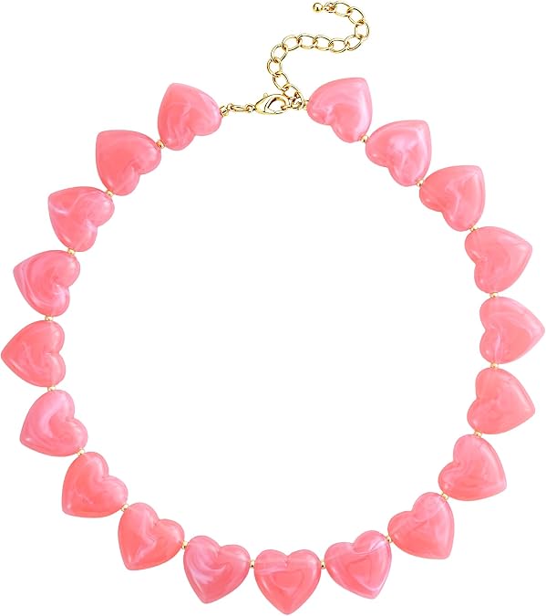 Chunky Heart Choker Necklace Acrylic Puffy Heart Statement Necklace Exaggerated Love Beaded Choker Jewelry Gift - Amber
