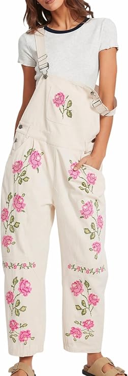 Kedera Floral Denim Overalls for Women Loose Fit Embroidered Jean Denim Bib Jumpsuit Barrel Pants Overall with Pockets