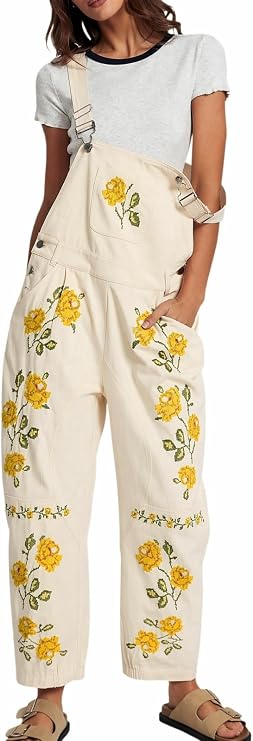 Kedera Floral Denim Overalls for Women Loose Fit Embroidered Jean Denim Bib Jumpsuit Barrel Pants Overall with Pockets