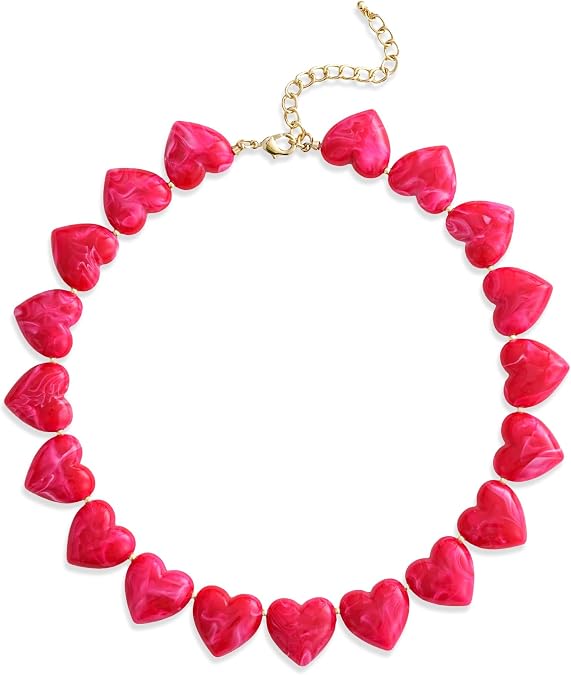 Chunky Heart Choker Necklace Acrylic Puffy Heart Statement Necklace Exaggerated Love Beaded Choker Jewelry Gift - Amber