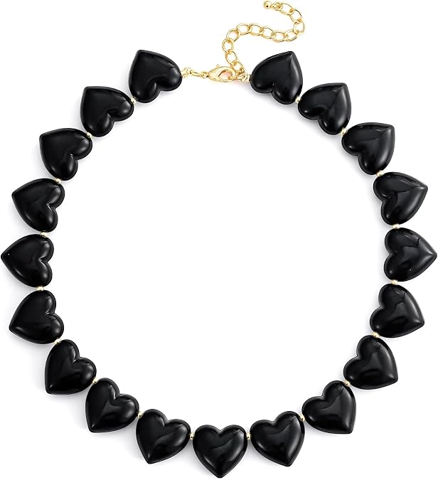 Heart Choker Necklace for Women Amber Statement Puff Heart Necklace Colorful Acrylic Beaded Chokers Cute Valentine’s Jewelry Gifts