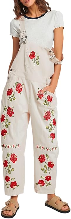 Kedera Floral Denim Overalls for Women Loose Fit Embroidered Jean Denim Bib Jumpsuit Barrel Pants Overall with Pockets