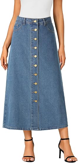 Vrtige Women's Casual Button Down High Waisted A Line Jean Midi Long Denim Skirt with Pockets