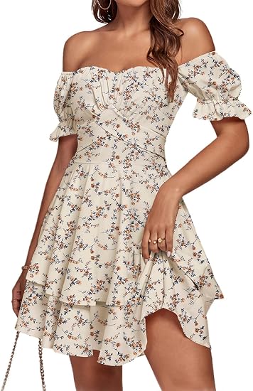 LYANER Women's Tie Back Off Shoulder Wrap Layer Ruffle A Line Short Sleeve Casual Mini Dress
