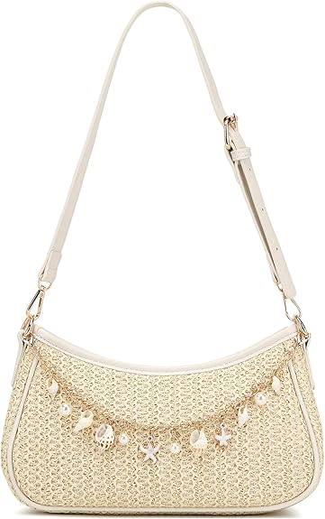 Straw Shoulder Bag for Women Raffia Summer Beach Bag Boho Woven Straw Shoulder Purse Crochet Vacation Purse Handbag