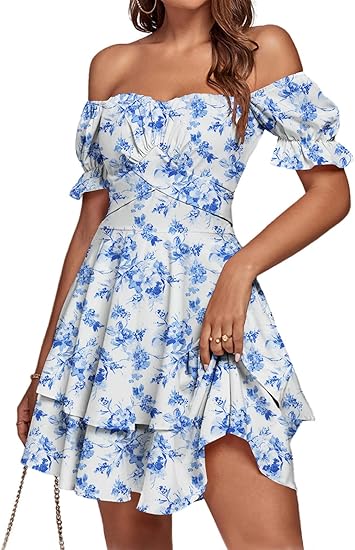 LYANER Women's Tie Back Off Shoulder Wrap Layer Ruffle A Line Short Sleeve Casual Mini Dress