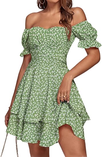 LYANER Women's Tie Back Off Shoulder Wrap Layer Ruffle A Line Short Sleeve Casual Mini Dress