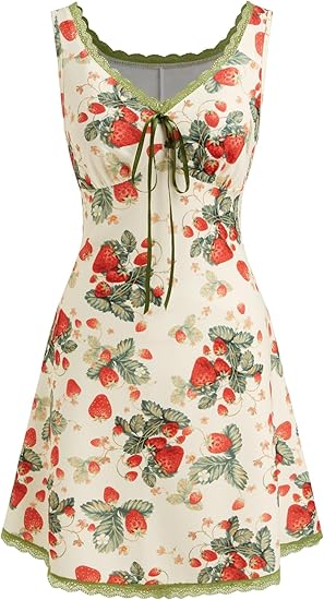 CIDER Women's Floral Mini Dress Fruit Sleeveless V Neck Lace Trim Sun Dress A Line Cute Summer Dresses Beach Vacation Outfits