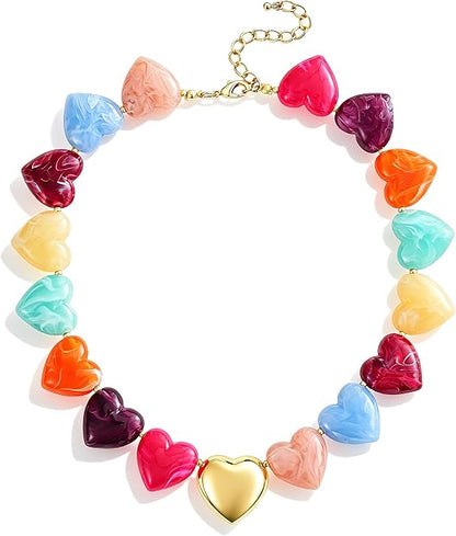 Heart Choker Necklace for Women Amber Statement Puff Heart Necklace Colorful Acrylic Beaded Chokers Cute Valentine’s Jewelry Gifts