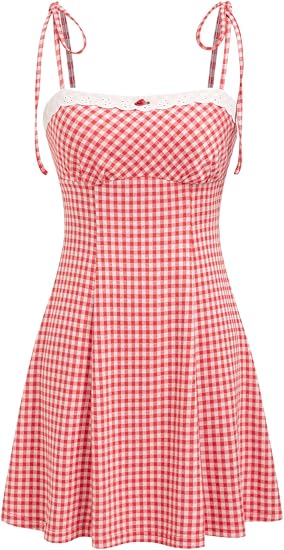 CIDER Womens Summer Gingham Dress Plaid Tie Spaghetti Strap Sleeveless Lace Trim Cute A Line Casual Mini Dresses Sundress