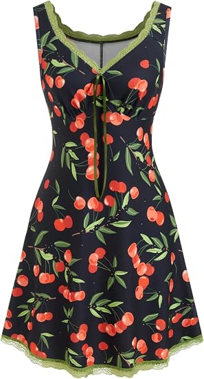 CIDER Women's Floral Mini Dress Fruit Sleeveless V Neck Lace Trim Sun Dress A Line Cute Summer Dresses Beach Vacation Outfits