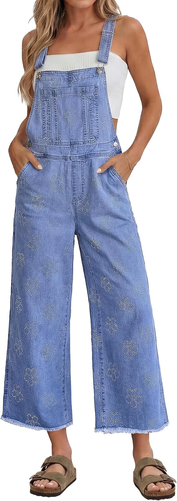 luvamia Denim Overalls for Women Wide Leg Capri Jean Jumpsuit Loose Fit Summer Stretchy Bib Overall Embroidered Raw Hem