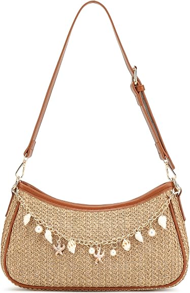 Straw Shoulder Bag for Women Raffia Summer Beach Bag Boho Woven Straw Shoulder Purse Crochet Vacation Purse Handbag