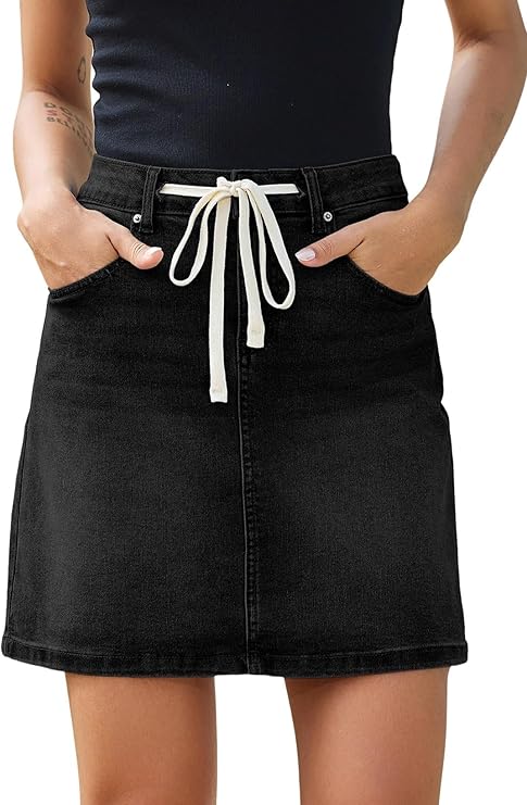 Sidefeel Women's Jean Skirt High Waist Drawstring Stretchy Casual Summer Loose Fit Trendy Mini Denim Skirt with Pockets