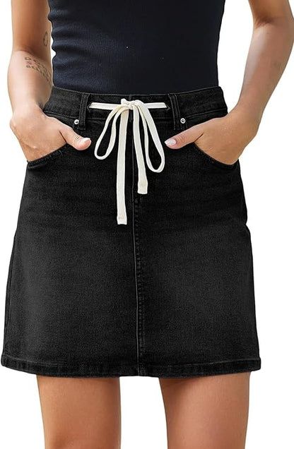 Sidefeel Women's Jean Skirt High Waist Drawstring Stretchy Casual Summer Loose Fit Trendy Mini Denim Skirt with Pockets