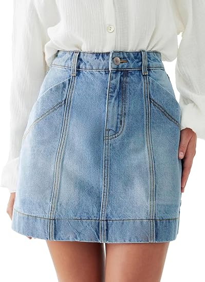 Sidefeel Women's Jean Skirt High Waisted Stretch Casual Trendy Front Seam Mini Denim Skirt with Pockets