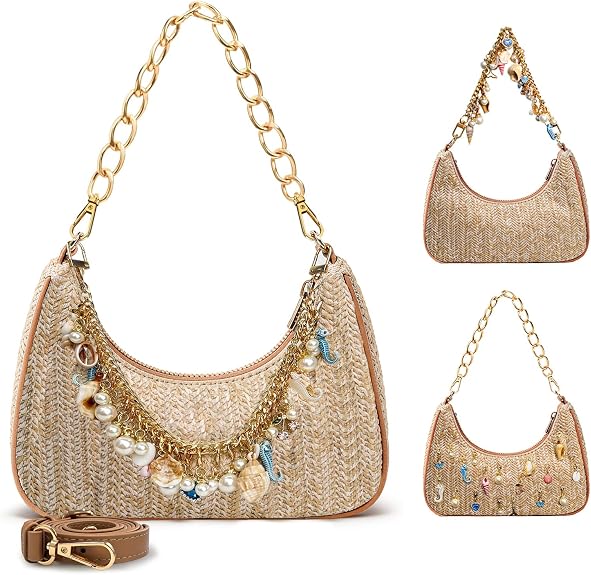 Beach Purse Straw Shoulder Bag for Women Summer Beaded Bag for Vacation Travel with Shell Pearl Bag Charms