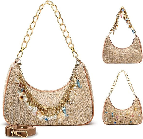 Beach Purse Straw Shoulder Bag for Women Summer Beaded Bag for Vacation Travel with Shell Pearl Bag Charms
