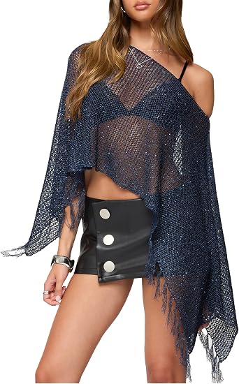 Women Sheer Poncho Top Glitter Mesh Lightweight Knit Crochet Shrug Y2K Batwing Sleeve Sweater Cover Up Beachwear