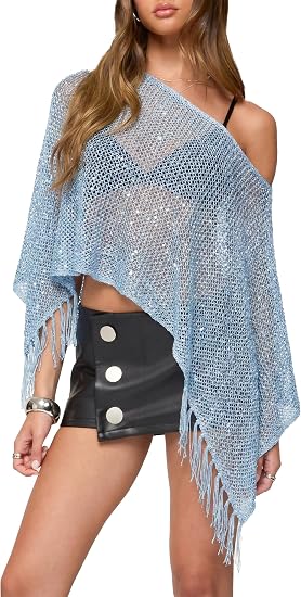 Women Sheer Poncho Top Glitter Mesh Lightweight Knit Crochet Shrug Y2K Batwing Sleeve Sweater Cover Up Beachwear