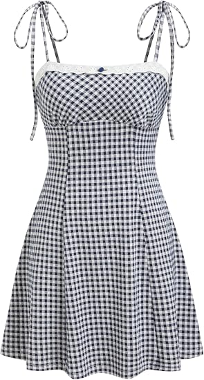 CIDER Womens Summer Gingham Dress Plaid Tie Spaghetti Strap Sleeveless Lace Trim Cute A Line Casual Mini Dresses Sundress