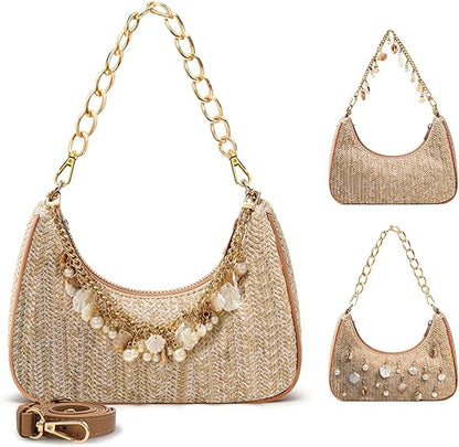 Beach Purse Straw Shoulder Bag for Women Summer Beaded Bag for Vacation Travel with Shell Pearl Bag Charms