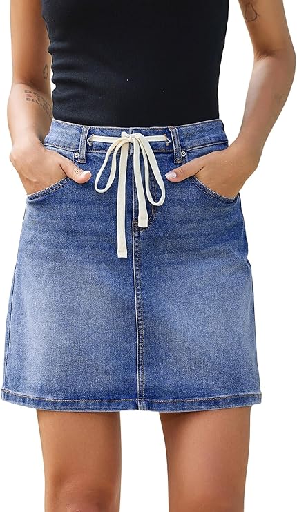 Sidefeel Women's Jean Skirt High Waist Drawstring Stretchy Casual Summer Loose Fit Trendy Mini Denim Skirt with Pockets