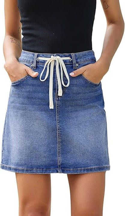 Sidefeel Women's Jean Skirt High Waist Drawstring Stretchy Casual Summer Loose Fit Trendy Mini Denim Skirt with Pockets