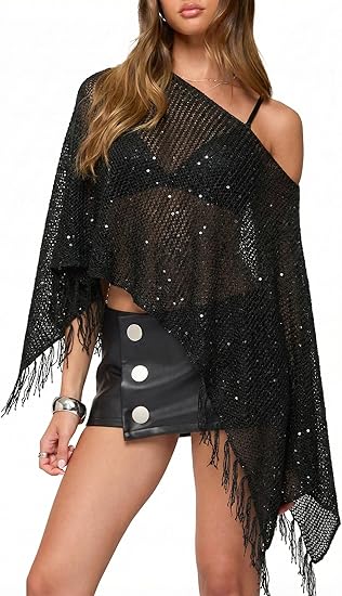 Women Sheer Poncho Top Glitter Mesh Lightweight Knit Crochet Shrug Y2K Batwing Sleeve Sweater Cover Up Beachwear